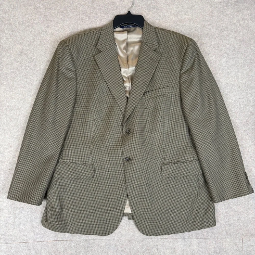 Stafford Blazer Sport Coat 44R Houndstooth Olive Tan Worsted Wool Blend RN8709